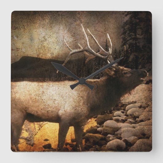 Horloge Carrée Chalet rustique cabine wapiti de montagne (Recto)