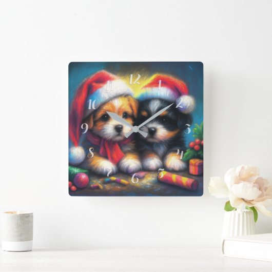 Horloge Carrée Chalk Dessin deux mignonnes chiots à Santa Hats (Maison)