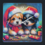 Horloge Carrée Chalk Drawing Two Cute Puppies in Santa Hats<br><div class="desc">Chalk Drawing Two Cute Puppies in Santa Hats Designed by Carrie Fink.  Printed and shipped by Zazzle or their partners.</div>