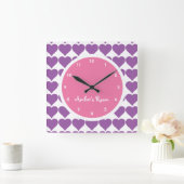 Horloge Carrée Chambre de fille avec imprimé cœur rose et violet (Maison)