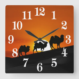 Horloge Carrée Chameaux au coucher du soleil