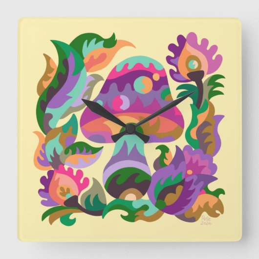 Horloge Carrée Champignons Magie Arc-en-ciel Trivet (Recto)