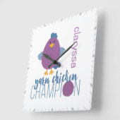 Horloge Carrée Champion de poule pourpre et bleu (Angle)