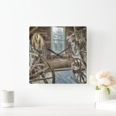 Horloge Carrée Chariot bâché, roue de chariot en bois (Maison)