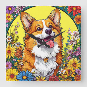 Horloge Carrée Charmant Corgi Entouré de Fleurs Colorées