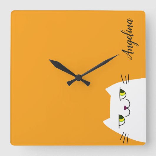 Horloge Carrée Charmant dessin animé drôle chat blanc monogramme (Recto)