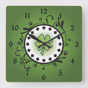 Horloge Carrée Charmante Cloche et vignes Vert et noir irlandais