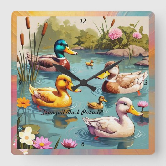 Horloge Carrée "Charming Ducks on Pond" (Recto)