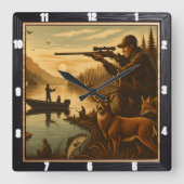 Horloge Carrée Chasseur Pêcheur faunique coucher de soleil (Recto)