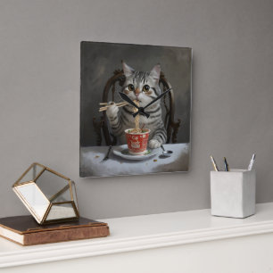 Horloge Carrée Chat À Rayures Profitant Des Nouilles De Coupe