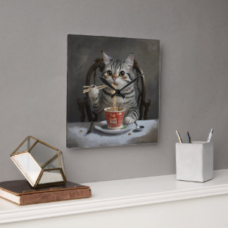 Horloge Carrée Chat À Rayures Profitant Des Nouilles De Coupe
