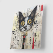 Horloge Carrée Chat Abstrait jaune teinté (Angle)