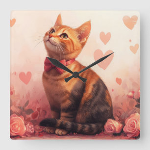 Horloge Carrée Chat Abyssin avec des Roses - Saint-Valentin