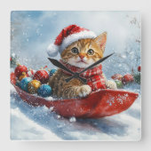 Horloge Carrée Chat abyssinien en sledge laissez-le neiger Noël (Recto)