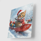 Horloge Carrée Chat abyssinien en sledge laissez-le neiger Noël (Angle)