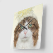 Horloge Carrée Chat Avec Casquette Fleur (Angle)