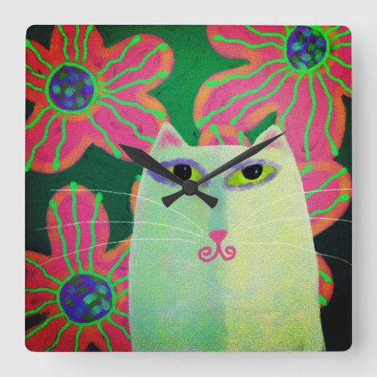 Horloge Carrée Chat avec Fleurs Art Abstrait (Recto)