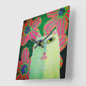 Horloge Carrée Chat avec Fleurs Art Abstrait (Angle)