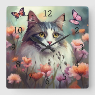 Horloge Carrée Chat avec fleurs et papillons AI Chat 701
