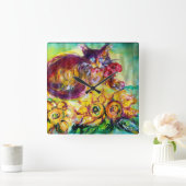 HORLOGE CARRÉE CHAT AVEC RUBAN ROUGE ET TOURNESOLS (Maison)