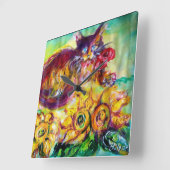 HORLOGE CARRÉE CHAT AVEC RUBAN ROUGE ET TOURNESOLS (Angle)