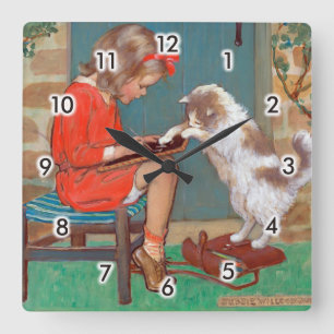 Horloge Carrée Chat avec une fille, Jessie Willcox Smith