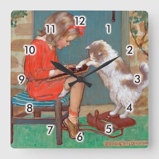 Horloge Carrée Chat avec une fille, Jessie Willcox Smith (Recto)