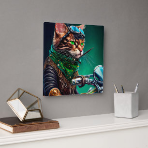 Horloge Carrée Chat Bengal conduisant un vélo pour la Saint-Patri
