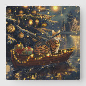 Horloge Carrée Chat Bengal Voyage de Noël Festif (Recto)