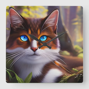 Horloge Carrée Chat bleu à l'oeil dans les bois