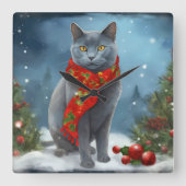Horloge Carrée Chat bleu russe à Noël de neige (Recto)