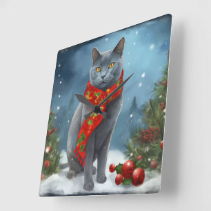 Horloge Carrée Chat bleu russe à Noël de neige