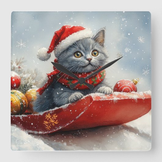 Horloge Carrée Chat bleu russe en sangle laissez-le neiger Noël (Recto)