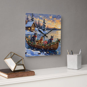 Horloge Carrée Chat Bleu Russe Noël Bateau Fêtes
