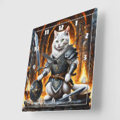 Horloge Carrée Chat blindée avec épée et bouclier (Angle)
