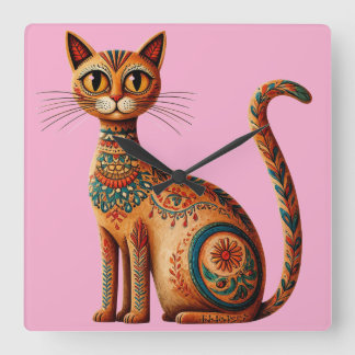 Horloge Carrée Chat bohème tribal mignon art folklorique avec des