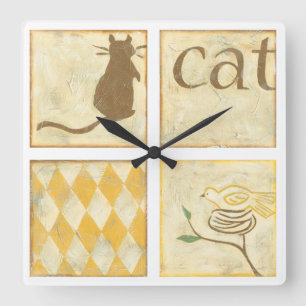 Horloge Carrée Chat Brown et oiseau jaune par Chariklia Zarris