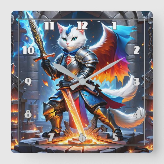 Horloge Carrée Chat chevalier en armure avec épée en Imaginaire (Recto)
