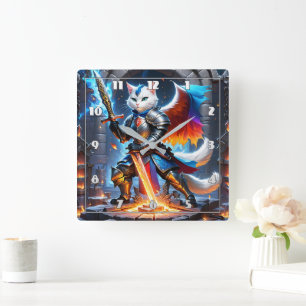 Horloge Carrée Chat chevalier en armure avec épée en Imaginaire
