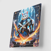 Horloge Carrée Chat Chevalier forge l'épée dans la forge magique (Angle)