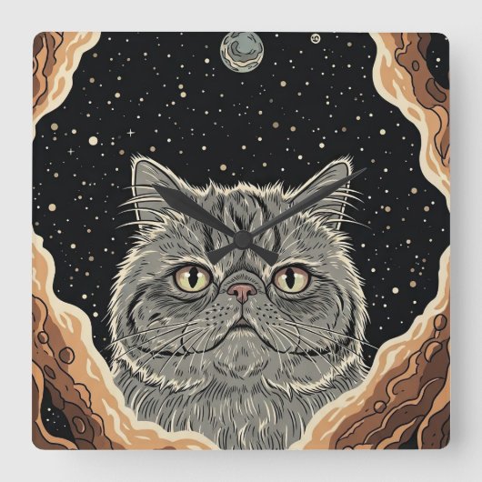 Horloge Carrée Chat Cosmique (Recto)