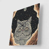 Horloge Carrée Chat Cosmique (Angle)