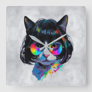 Horloge Carrée Chat dans une perruque + Lunettes de soleil (Peint