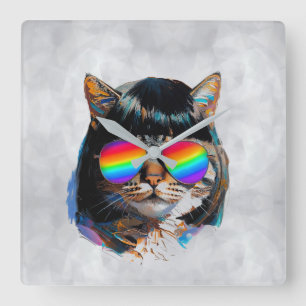 Horloge Carrée Chat dans une perruque + Lunettes de soleil (Peint