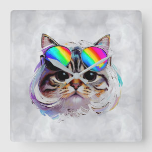 Horloge Carrée Chat dans une perruque + Lunettes de soleil (Peint