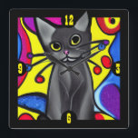 Horloge Carrée Chat d'art pop noir<br><div class="desc">Horloge murale amusante et colorée, avec des dessins animés comme des graphiques d'un chat noir style pop art. Idée cadeau pour n'importe quel amoureux des chats.</div>