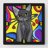 Horloge Carrée Chat d'art pop noir (Recto)