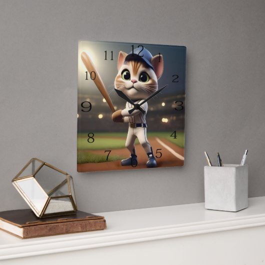 Horloge Carrée Chat De Baseball Drôle, (Bureau)