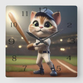 Horloge Carrée Chat De Baseball Drôle, (Recto)