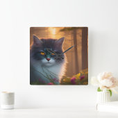 Horloge Carrée Chat de forêt gris et blanc, Imaginaire (Maison)